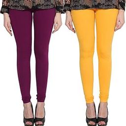 Soft Cotton Stretchable Churidar Leggings - Free Size Plus 35 Colors for Womens and Girls - Combo Pack of 2 - (Magenta & Dark Yellow)-image-55