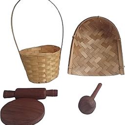Sri Sisters Handcrafted Miniature Kitchen Set – Set of 4 (Bamboo Muram 14cm, Basket 7cm, Wooden Chakla Belan 7cm, Hand Masher 12cm) | Eco-Friendly Traditional Décor for Dollhouse, Gift, Display-image-89