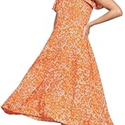 Women's Polyester Printed A-line Round Neck Bell Sleeve Knee-Long Dress (Elora-01 Orange-XL)-image-9
