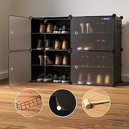BOXJOY 8 Shelf Shoe Rack Box Organizer with Door Magnets & 5 Hook Steel Holder for Home Storage, PP Plastic Cabinets with Metal Frame, Chappal Slipper Stand (Black Rack, Translucent Door)-8