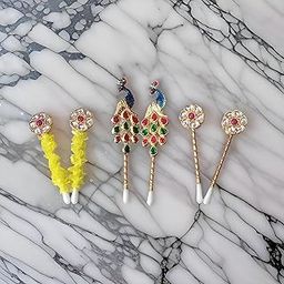 Pooja Tilak Stick with Meenakari Design, Peacock Shape Tilak Stick, Diamond Shape Tilak Stick and Diamond Shape Tilak Stick with Yellow Fur On The Stick Pooja Item, Pack of 6 Sticks Combo Set (2+2+2)-11