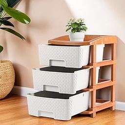 Kuber Industries Plastic 3 Tier Multipurpose Modular Drawer Storage Rack | Kitchen & Home Essentials Organizer Storage Box Cabinet | Almira Set for Stationary, Kitchen, Cosmetic | White & Golden-23