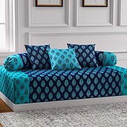 Swayam Diwan Set Cotton 6 Piece Diwan Printed Bedsheet Set for Living Room Hall (Set of 6 Piece, 1 Diwan Sheet | 2-Bolster Cover | 3 Cushion Covers) Soft Feel,Blue-25