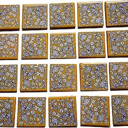 Shiv Kripa Blue Pottery Deorative Blue Pottery Ceramic Pottery Floral Ethnic Interior Exterior Crafted Tabletop Flooring Wall Ceramic Tiles 2X2 Inches (Pack of 20 Tile, Yellow)-picture-24