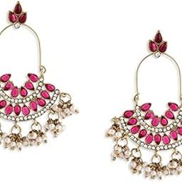 Pink Kundan Austrian Diamonds & Beads Dangle Ethnic Earrings For Women - ZPFK1194-30