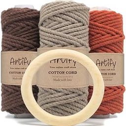 Craft Affair | 3ply Macramé Cord (Each Color 10 Meter, 3mm) | Get Free 7 cm Wooden Ring | for Craft & DIY Projects - Biege, Coffe, Rust- Pack of 3-picture-1