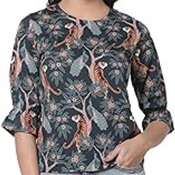 Women Green and Multi Animal Printed Polyester Smart Casual Top-picture-16