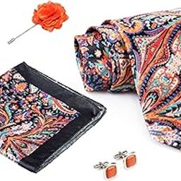 Black Red Mens Paisley Micro Print Silk Necktie Gift Set With Pocket Square Cufflinks & Brooch Pin Formal Tie With Wooden Box Free Size | (Wooden Gift Box) (Pack of 4) (RPL_15)-image-84