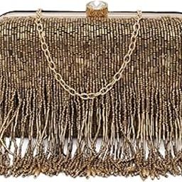 Women's Gold Fringes Beaded Hand Embroidered Party/wedding Box Clutch Frame Bag Purse with chain strap-image-9