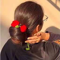 Handmade Crochet Rose Hair Accessory, Red Flowers with Green Leaves, Traditional Gajra Design-picture-35