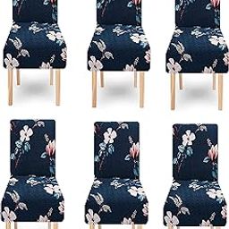 Lukzer 6PC Elastic Stretchable Dining Chair Cover Universal Protective Slipcover (Navy Blue Flower Design/ 6Cover), Polyester-image-81