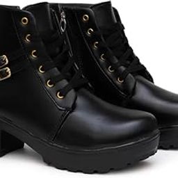 Women's Combat Boots, Black Leather, Block Heel, Platform Sole, Lace-up with Buckle Detail-image-80