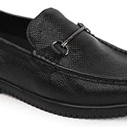 Men's Textured Slip-On Leather Loafers with Metal Bit Accent-image-1