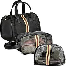 Kriva Nylon 3 Pack Makeup Cosmetic Storage Bag | Transparent Hanging Cosmetic Bag Organizer with Zip and Handle | Water-Resistant Mesh Bag for Accessories and Travelling (Black)-picture-31