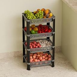 HIRVA CREATION 4-Layer Plastic Vegetable Storage Rack – Kitchen Organizer Stand for Fruits, Onions & Potatoes – Stackable Grey Trolley-image-58