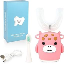 Kids Sonic Electric Toothbrush U Shaped Automatic Timer IPX7 Waterproof 5 Modes 360Ã‚° Oral Cleaning Teeth Whitening Gums Massage Replaceable Soft Cartoon Modeling Design for Child 2-7 (Pink Cow)-picture-12