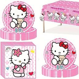 Supvox® Party Supplies, 20Pcs 7'' Pink Cartoon Kitty Party Cake Plates, Table Cloth & Tissue Papers, Single Use Party Supplies for Birthday, Themed Party, Gathering-image-23