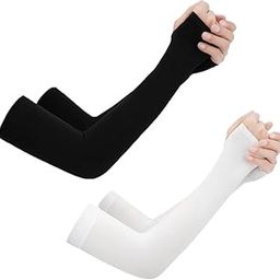 2 Pack UPF 50 Arm Sleeves with Thumb Hole for Women Men Youth UV Sun Protection Compression Cooling Sleeves to Cover Arm Tattoos, 2 Pairs: Black+White with Thumb Hole, 2-image-16