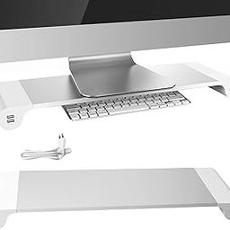 Monitor Space Bar Stand,Aluminum Alloy Display Riser with USB Data Port | Monitor Stand Riser for Desk, Desktop Riser for Printer, Laptop, for Home & Office Use-Silver-21