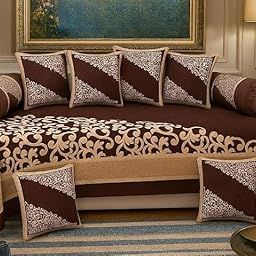 Luxury Diwan Set with 8 Cushions, Brown and Beige Floral Pattern, Decorative Sofa Cover with Bolster Pillows-image-2