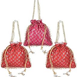 Potli|Silk Wedding Potli|Drawstring Closure Potli|Wallet Potli|Christmas Gift Potli|Baby Shower Potli|Traditional Shagun Potli|Square Embroidery Potli|Pack of 3|Multi-image-9