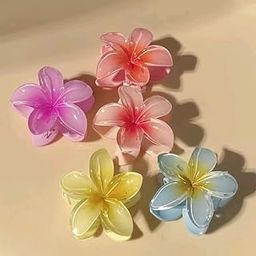 TINY CLIPS- Flower Hair Claw Clips, Medium Size, Multicolour Plumeria Design, Pack of 6-image-92