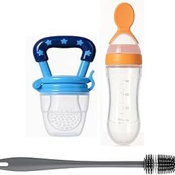 Joy Buzz Baby Food Dispensing Spoon Feeder Bottle 90ml and Fruit Feeder/Nibbler/Pacifier with Cleaning Brush Pack of 3 (YLO-BLU)-image-76