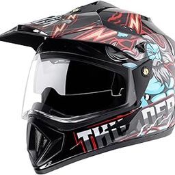 Vega Off Road D/V Thunder ISI Certified Gloss Finish Full Face Helmet for Men with Dual Visor and Stylish Peak- Black Red -L-1