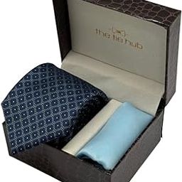 Navy Blue Geometric Necktie with Light Blue Pocket Square Combo for Men-picture-18