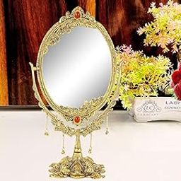 MURLIKRISHNA EXPORT Vintage Vanity Mirror with Stand, Oval Double Side Makeup Mirror, Gold Metal Frame with Red Gemstones, Decorative Table Top-image-39