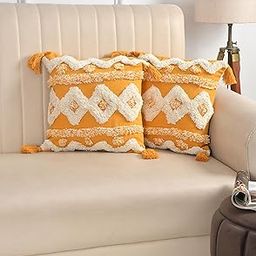 TIB Premium Boho Decorative Throw Cushion Covers, 16 x 16 cm, Set of 2, Cotton. (Yellow Abstract)-230 TC-image-2