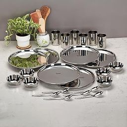 Sumeet Stainless Steel Solid Heavy Gauge Mirror Finish Dinner Set Of 24 Pcs (6 Plate, 6 Bowl/Wati, 6 Glass, 6 Spoon), Silver-2