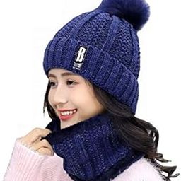 Blue Bennie Winter Soft -20 Degree Warm 1 Set Snow Air Proof Ball Cap (Inside Fur) Woolen Beanie Cap with Scarf for Women Girl Ladies-image-67