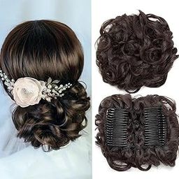 HAIR WALA™ Short Double Combs Messy Curly Wavy Hair Extensions Bun Piece Up Do Drawstring Ponytail Clip in Comb Hair Extensions Chignon, Brown Color-1