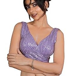 Women's Sequin Embroidered SabyaSachi Cut Sweetheart V Neck Sleeveless Readymade Saree Blouse E30-picture-17