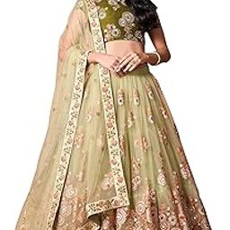 Women's Net Embroidered Semi-Stitched Bridal New Lehenga Choli with Dupatta (7315-Peach-Green-Wedding-Latest-Lehenga; Free Size)-image-33