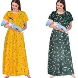 Women's Printed Maternity Nighty/Feeding Nighty/Pregnancy Night Gown/A-Line Nursing Nighty with Zippers for Nursing Pre and Post-Pregnancy- Pack of 2-HMZNFN0021 Multicolour-image-58
