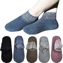 Lace Warm Socks, 5 Pairs No Show Socks, Lace Comfortable Thermal Cotton Ankle Boat Socks, Pop Invisible Socks with Non-slip Bases for Women Girls_Multicolour-image-31