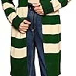 Women Striped Print V-Neck Drop-Shoulder Sleeves Open-Front Acrylic Straight Hem Knitted Longline Cardigan-image-65