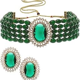 Latest Stylish Design Fancy Wedding Party Crystal Choker Necklace Jewellery Set for Women (15946s) Green-image-76