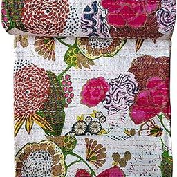 Creations Creations Traditional Ethnic Kantha Indian Bedding Emerald Cotton Tropical Fruit Hand Stitched Bedding Bed Cover by Textile art Creations Creations(90x108 Inch)-49