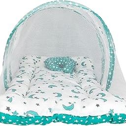 Baby Bed Bedding Set for New Born Baby | Mattress | Mosquito Net | Cotton | Neck Pillow | Gadda Set |Boys & Girls (Blue Dot, 0-12 Months)-image-34