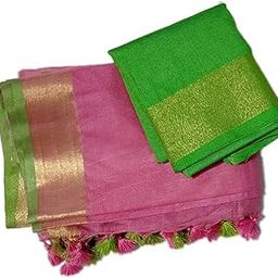 Women's Linen Slub Saree With Unstitched Contrast Blouse Piece, Pink-picture-51