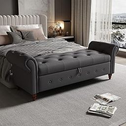 URBAN SIGNATURE 63'' Storage Ottoman - Grey | Button Tufted Ottoman Bench with Rolled Arms | Long Couch for Bedroom, Living Room, End of Bed, Hallway-image-14