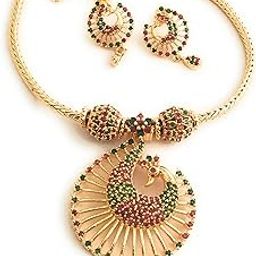 One Gram Micro Gold Plated Peacock Pendant Necklace Set for Women and Girls-image-93