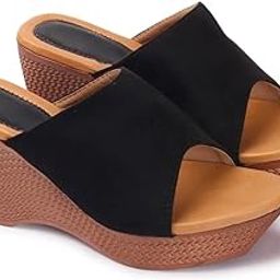 Women's Platform Wedge Sandals, Slip-On Mules with Woven Texture, Black and Tan-image-92