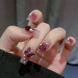 Acrylic Press on Nails Designer Artificial Nails extension Glossy Red color with 3D butterfly & 3D flowers fake nail 24 pieces set (Jelly Glue Adhesive Tabs and Glue Included)-30