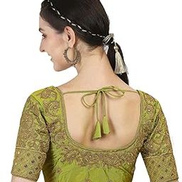 Women Silk Blend Stylish Design Half Sleeve Readymade Parrot Maggam Work Designs Pattu Aari Work Blouse-image-29