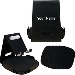 Giftana Personalized Mobile Holder with Coasters, Customized Mobile Phone Holder Tabletop Stand Mount with Coasters for Desk, Women Day Gifts, Personalised Corporate Gift for Employee (Black)-picture-32