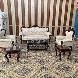 Classic Wood & Craft Hand-Carved Teak wood 5 seater Sofa Set with Center Table| Victorian Style Royal Living Room sofa set furniture| Designer Tufted Upholstery Antique Wooden sofa set for Home Lounge-image-19